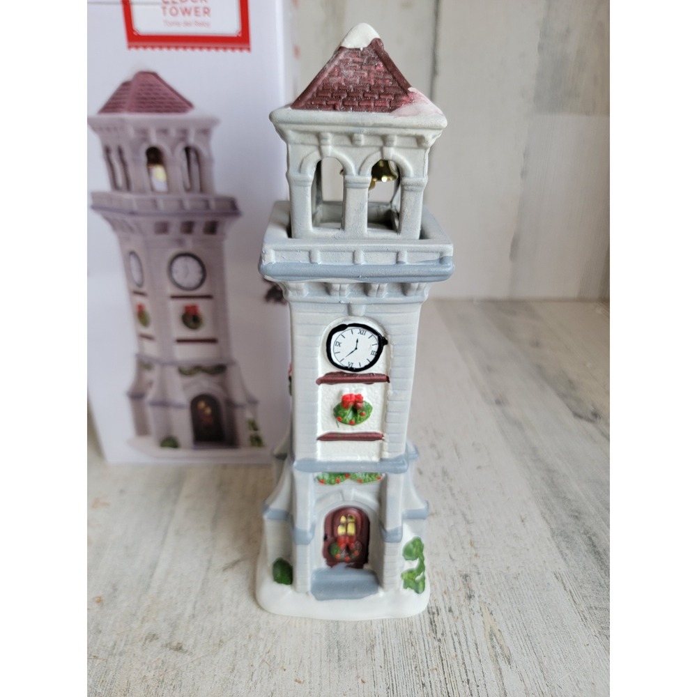 Holiday time clock Tower ceramic village accessory Xmas snow wreath Bell